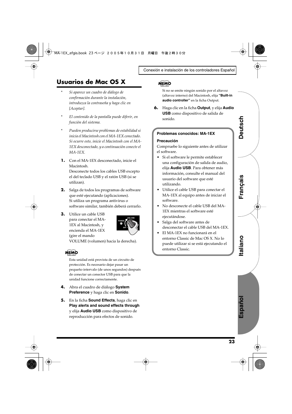Usuarios de mac os x, Español italiano français deutsch | Edirol MA-1EX User Manual | Page 23 / 32
