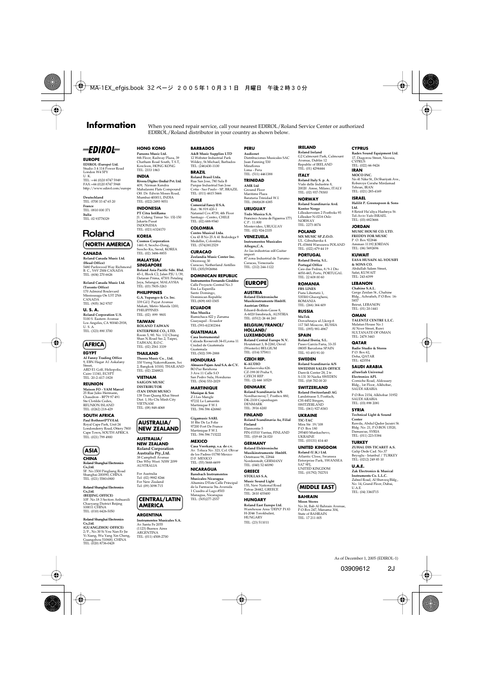 Information, Ma-1ex_efgis.book 32 ページ ２００５年１０月３１日 月曜日 午後２時３０分 | Edirol MA-1EX User Manual | Page 32 / 32