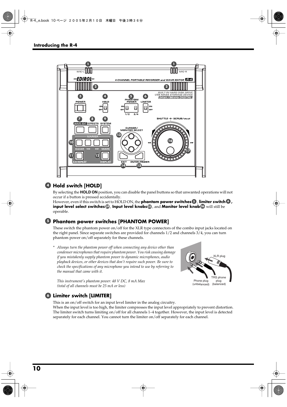 Hold switch [hold, Phantom power switches [phantom power, Limiter switch [limiter | Edirol R-4 User Manual | Page 10 / 116