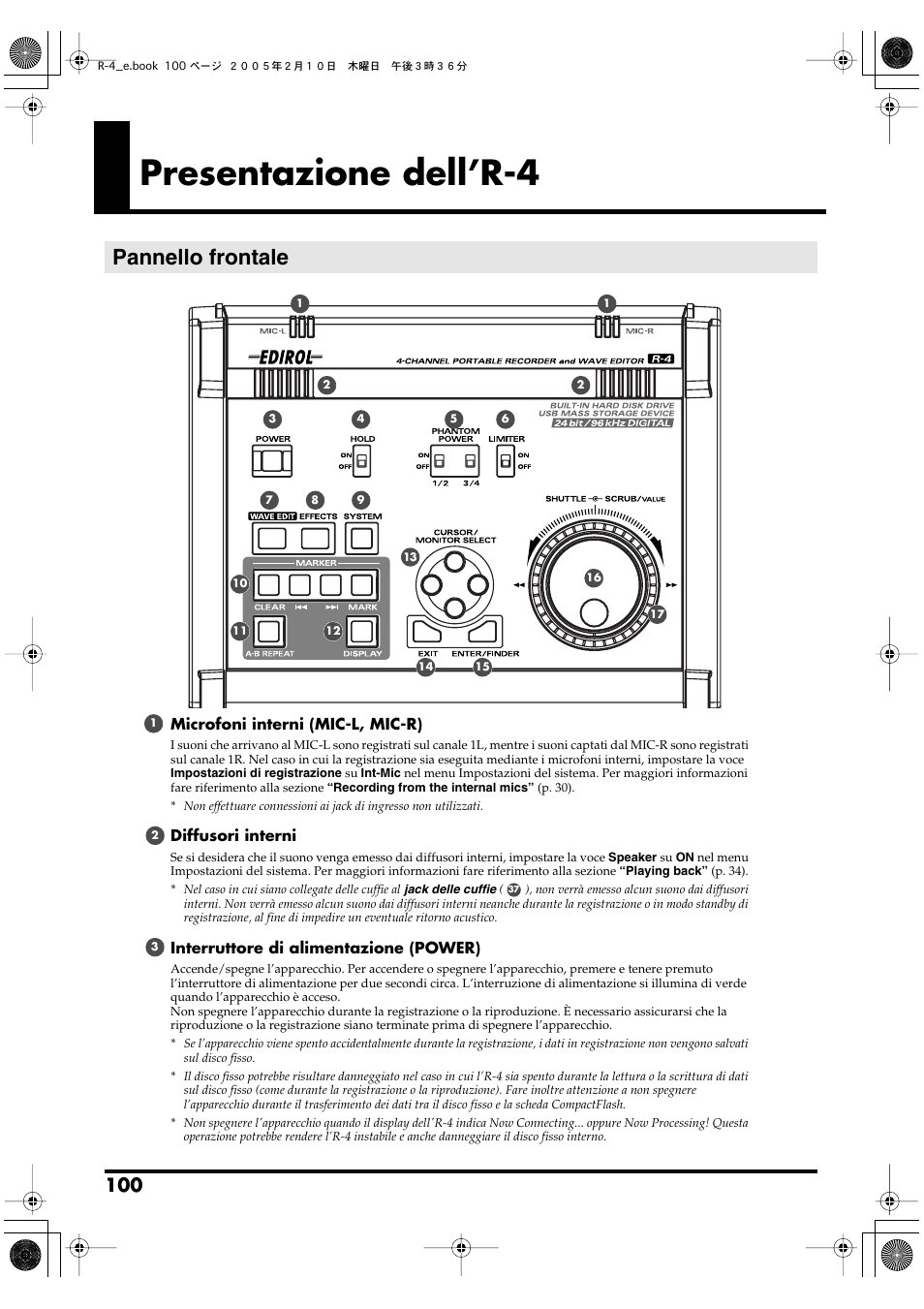 Presentazione dell’r-4, Pannello frontale, P. 100 | Edirol R-4 User Manual | Page 100 / 116