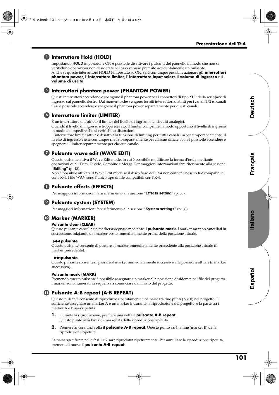 Español italiano français deutsch | Edirol R-4 User Manual | Page 101 / 116