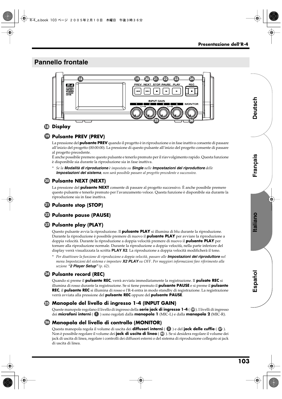 Pannello frontale, Español italiano français deutsch, Display pulsante prev (prev) | Pulsante next (next), Pulsante record (rec), Manopole del livello di ingresso 1-4 (input gain), Manopola del livello di controllo (monitor) | Edirol R-4 User Manual | Page 103 / 116