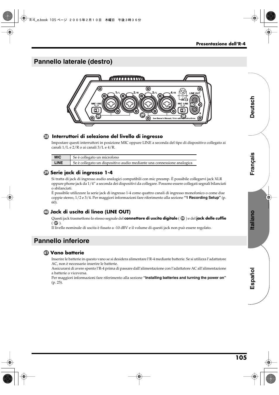 Pannello laterale (destro), Pannello inferiore, Español italiano français deutsch | Edirol R-4 User Manual | Page 105 / 116