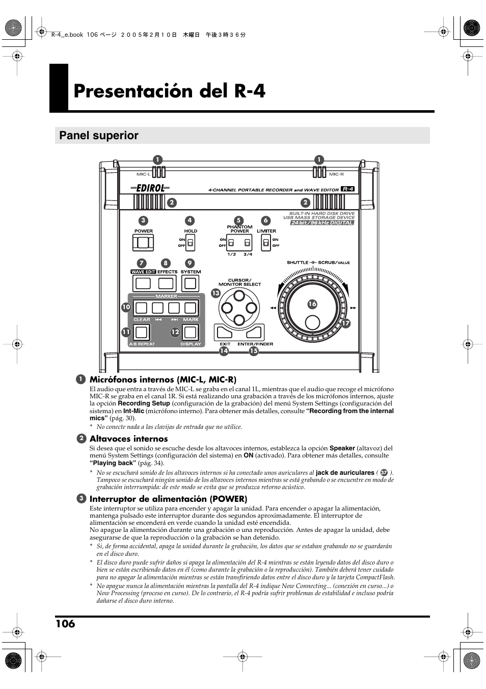 Presentación del r-4, Panel superior, P. 106 | Edirol R-4 User Manual | Page 106 / 116