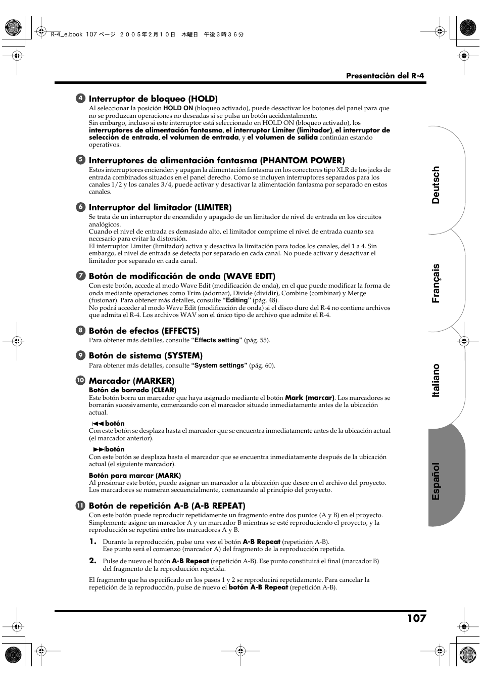 Español italiano français deutsch | Edirol R-4 User Manual | Page 107 / 116