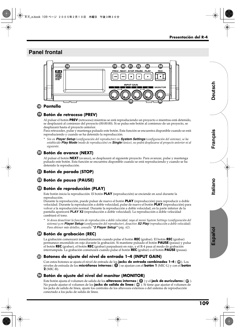 Panel frontal, Español italiano français deutsch, Pantalla botón de retroceso (prev) | Botón de avance (next), Botón de grabación (rec), Botón de ajuste del nivel del monitor (monitor) | Edirol R-4 User Manual | Page 109 / 116