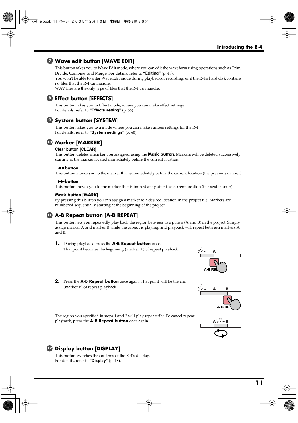 Wave edit button [wave edit, Effect button [effects, System button [system | Marker [marker, A-b repeat button [a-b repeat, Display button [display | Edirol R-4 User Manual | Page 11 / 116