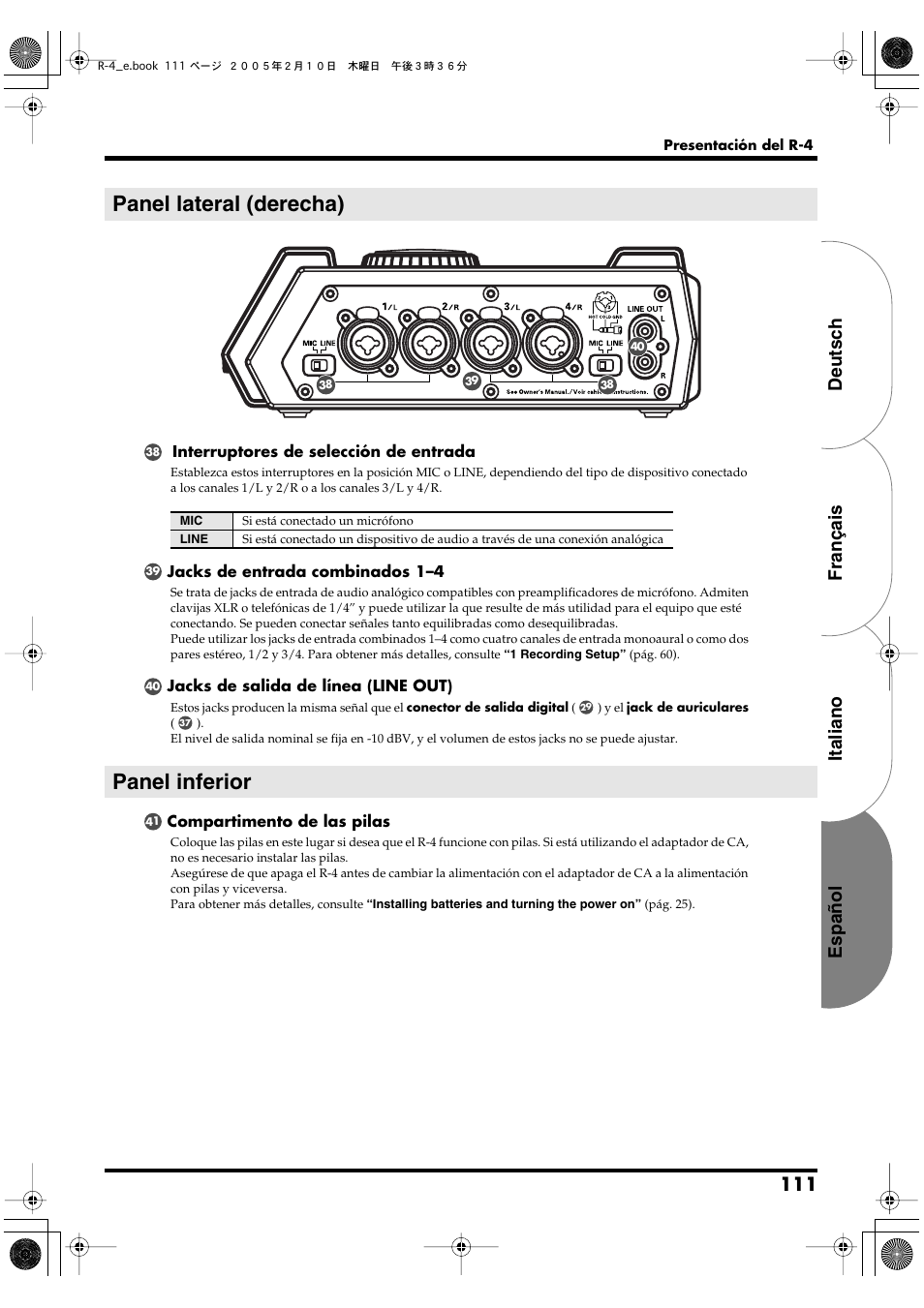 Panel lateral (derecha), Panel inferior, Español italiano français deutsch | Edirol R-4 User Manual | Page 111 / 116