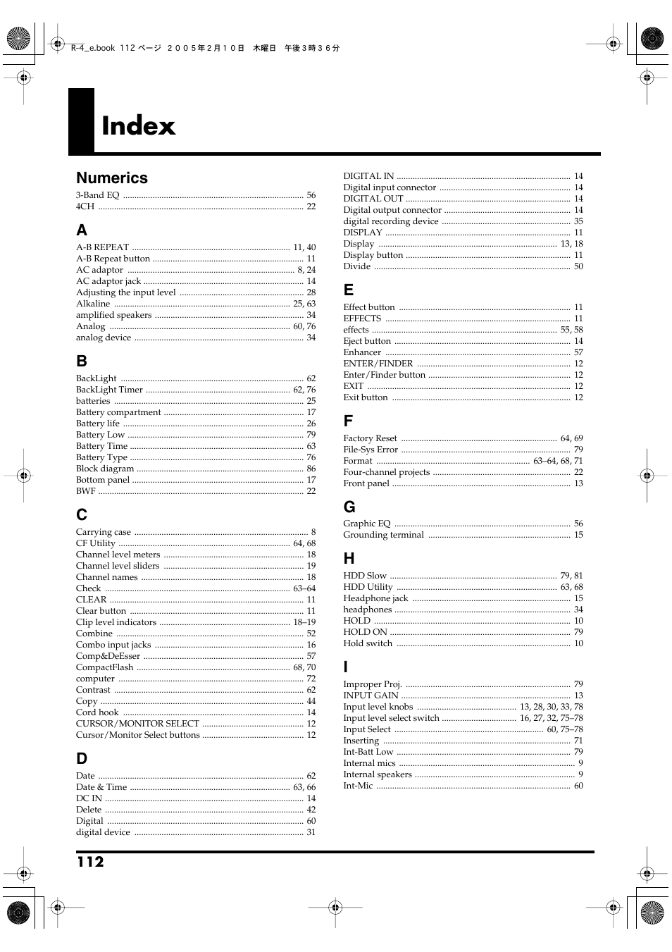 Index, Numerics | Edirol R-4 User Manual | Page 112 / 116