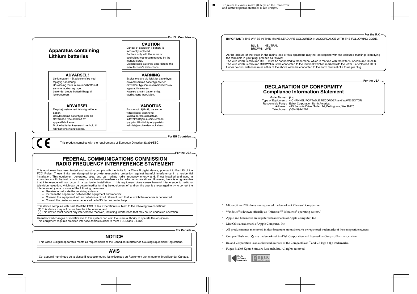 Apparatus containing lithium batteries, Notice avis, Advarsel | Varning, Caution, Varoitus | Edirol R-4 User Manual | Page 115 / 116