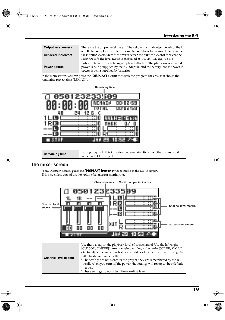 The mixer screen | Edirol R-4 User Manual | Page 19 / 116