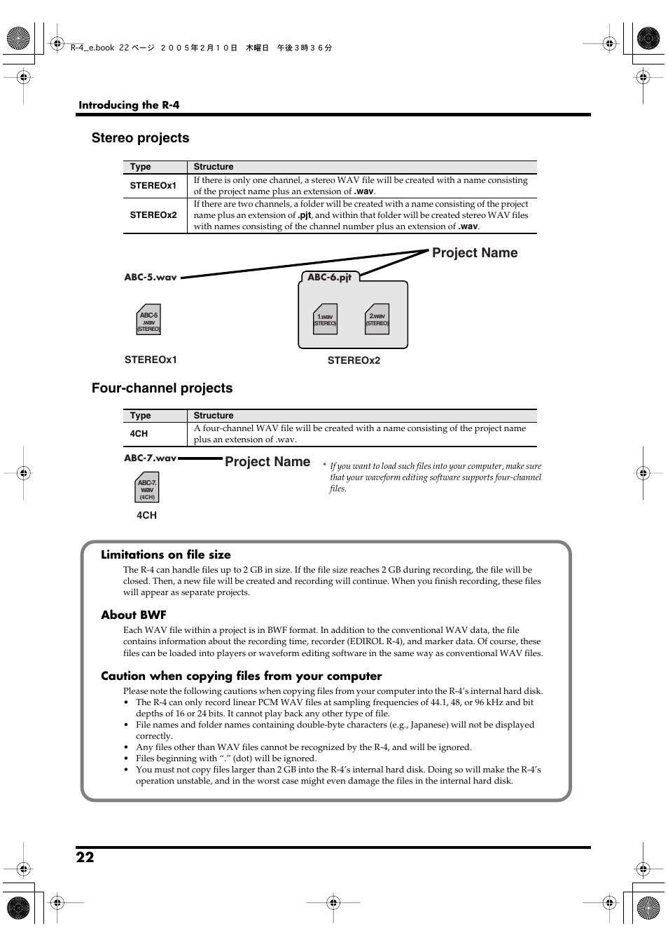 Stereo projects, Four-channel projects, Project name | Limitations on file size, About bwf, Caution when copying files from your computer | Edirol R-4 User Manual | Page 22 / 116