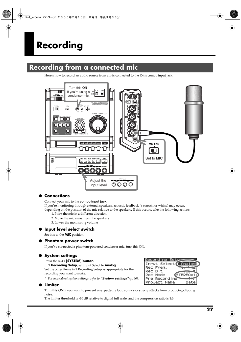 Recording, Recording from a connected mic, For more about connections, refer to | P. 27) and | Edirol R-4 User Manual | Page 27 / 116