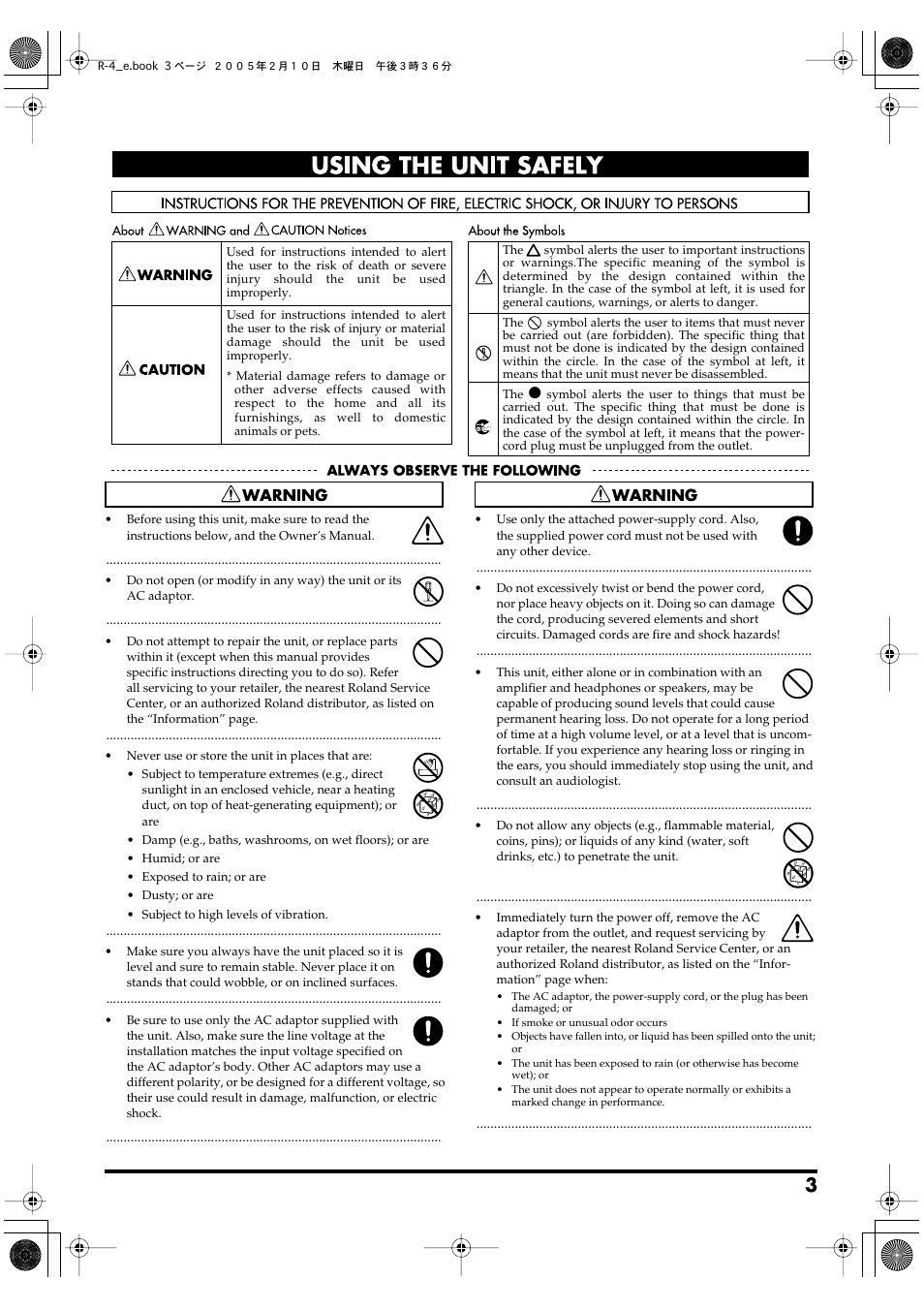 Using the unit safely | Edirol R-4 User Manual | Page 3 / 116