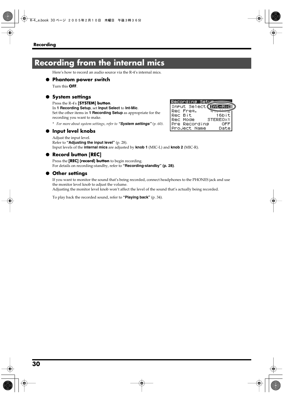 Recording from the internal mics, For details, refer to, Recording from the internal | Mics, P. 30) | Edirol R-4 User Manual | Page 30 / 116