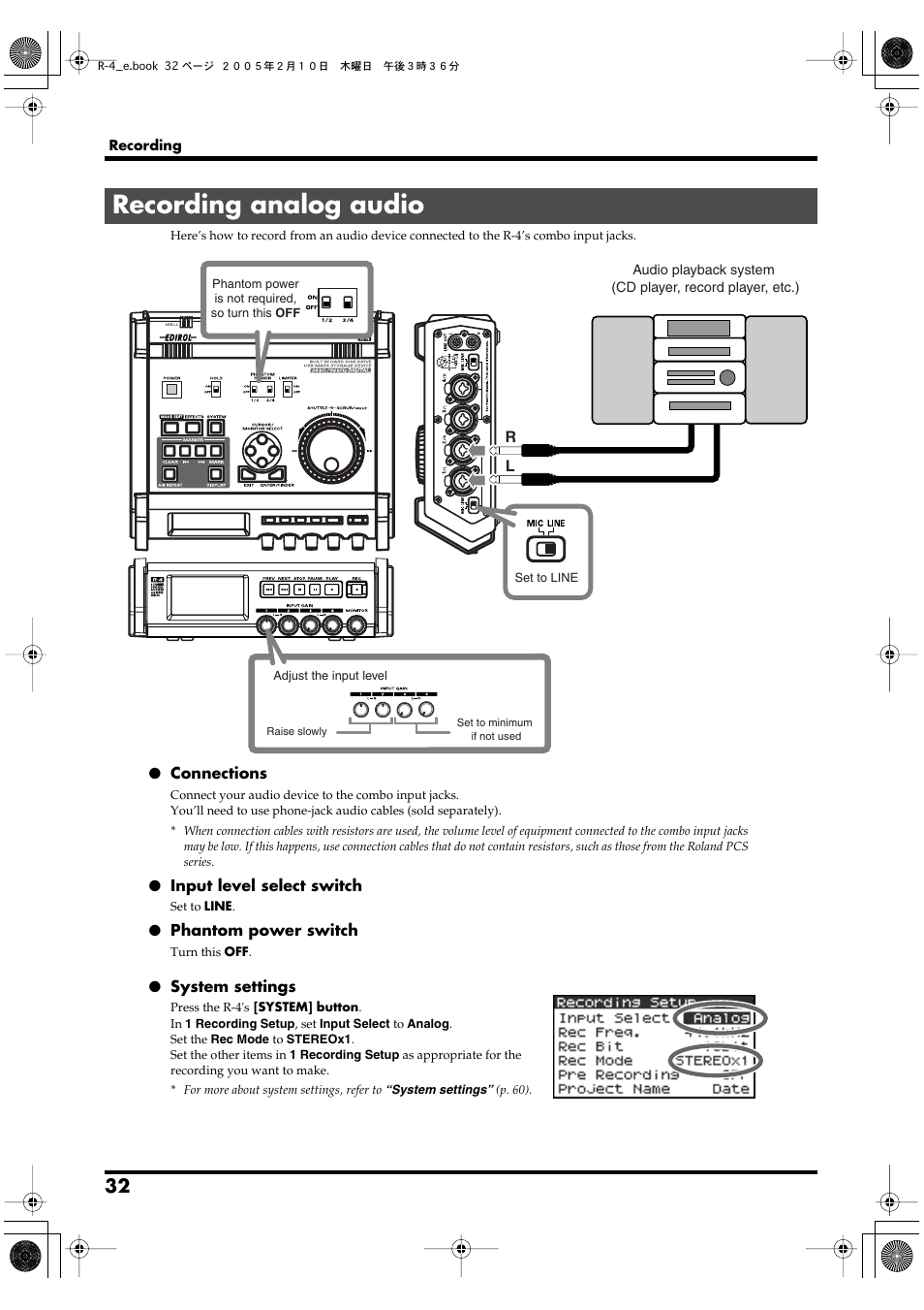 Recording analog audio | Edirol R-4 User Manual | Page 32 / 116