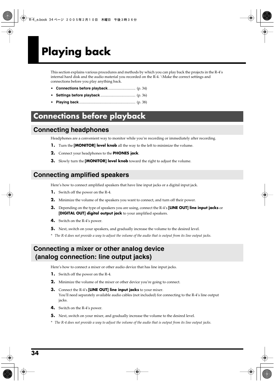 Playing back, Connections before playback, Connecting headphones | Connecting amplified speakers, For details, refer to, P. 34) | Edirol R-4 User Manual | Page 34 / 116