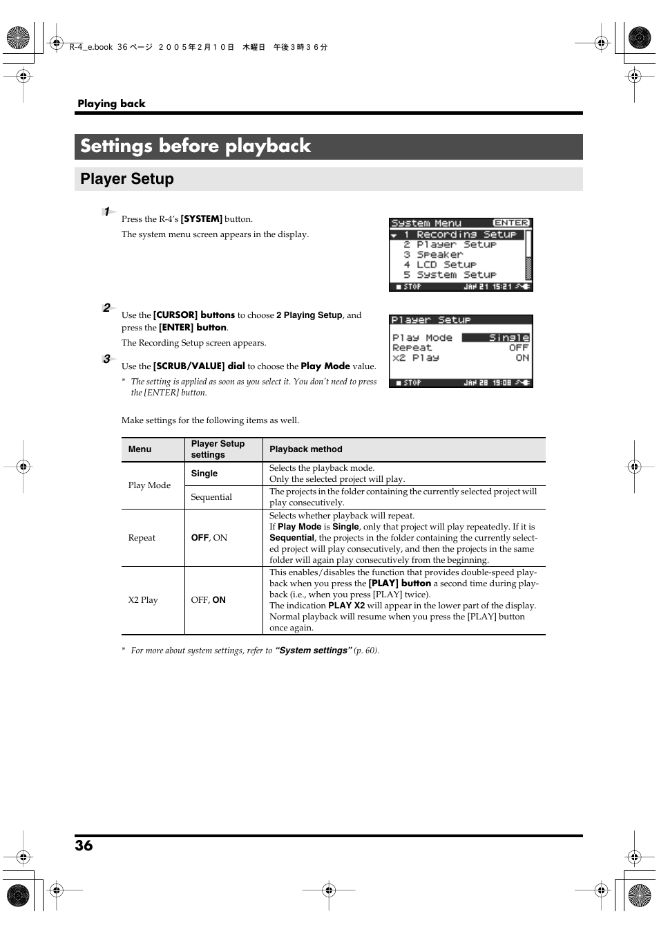 Settings before playback, Player setup, P. 36) | Edirol R-4 User Manual | Page 36 / 116