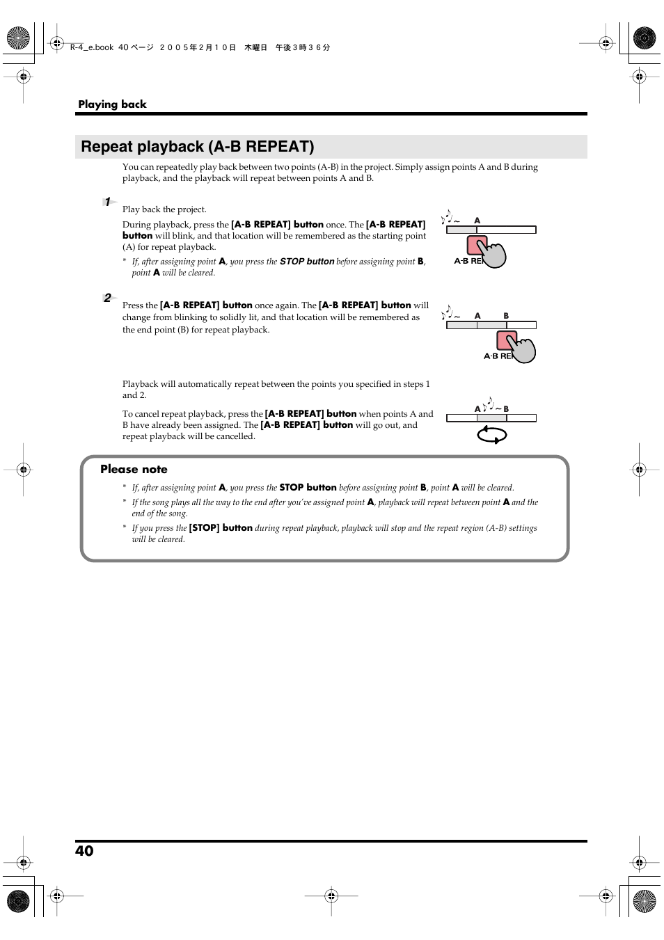 Repeat playback (a-b repeat) | Edirol R-4 User Manual | Page 40 / 116