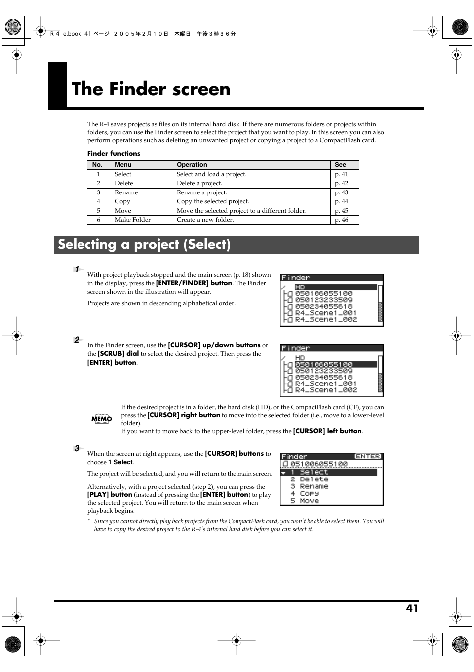 The finder screen, Selecting a project (select), P. 41) | Edirol R-4 User Manual | Page 41 / 116