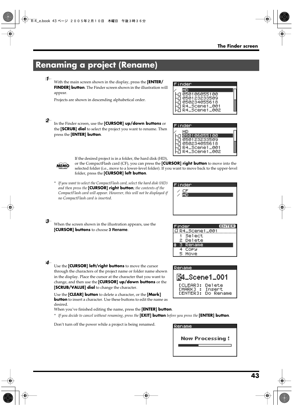 Renaming a project (rename), P. 43 | Edirol R-4 User Manual | Page 43 / 116