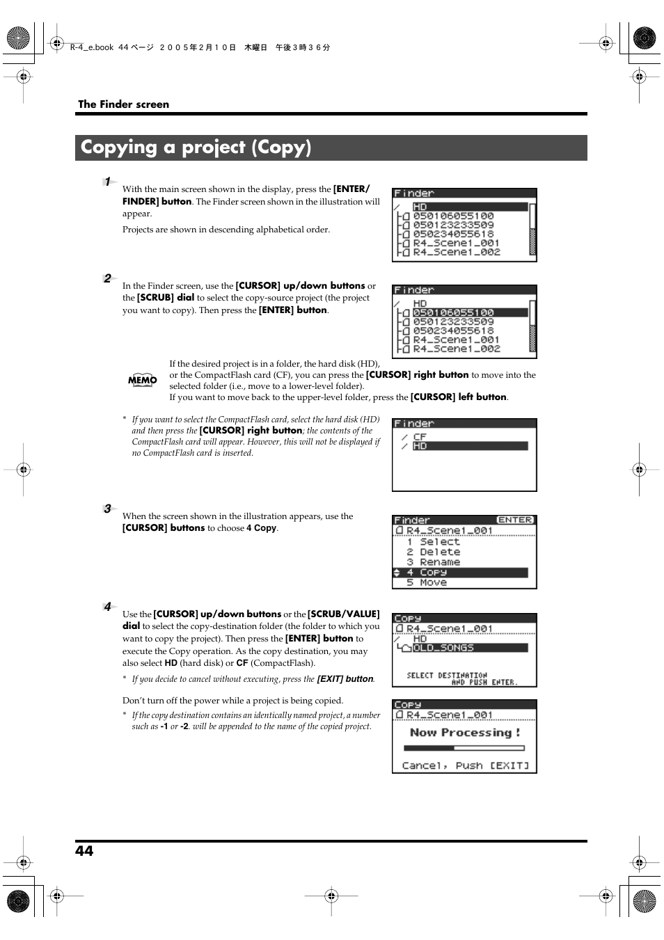 Copying a project (copy), P. 44 | Edirol R-4 User Manual | Page 44 / 116