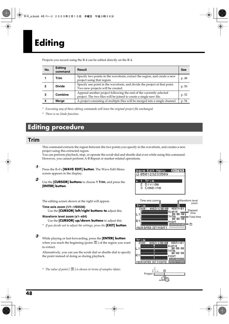 Editing, Editing procedure, Trim | P. 48) | Edirol R-4 User Manual | Page 48 / 116