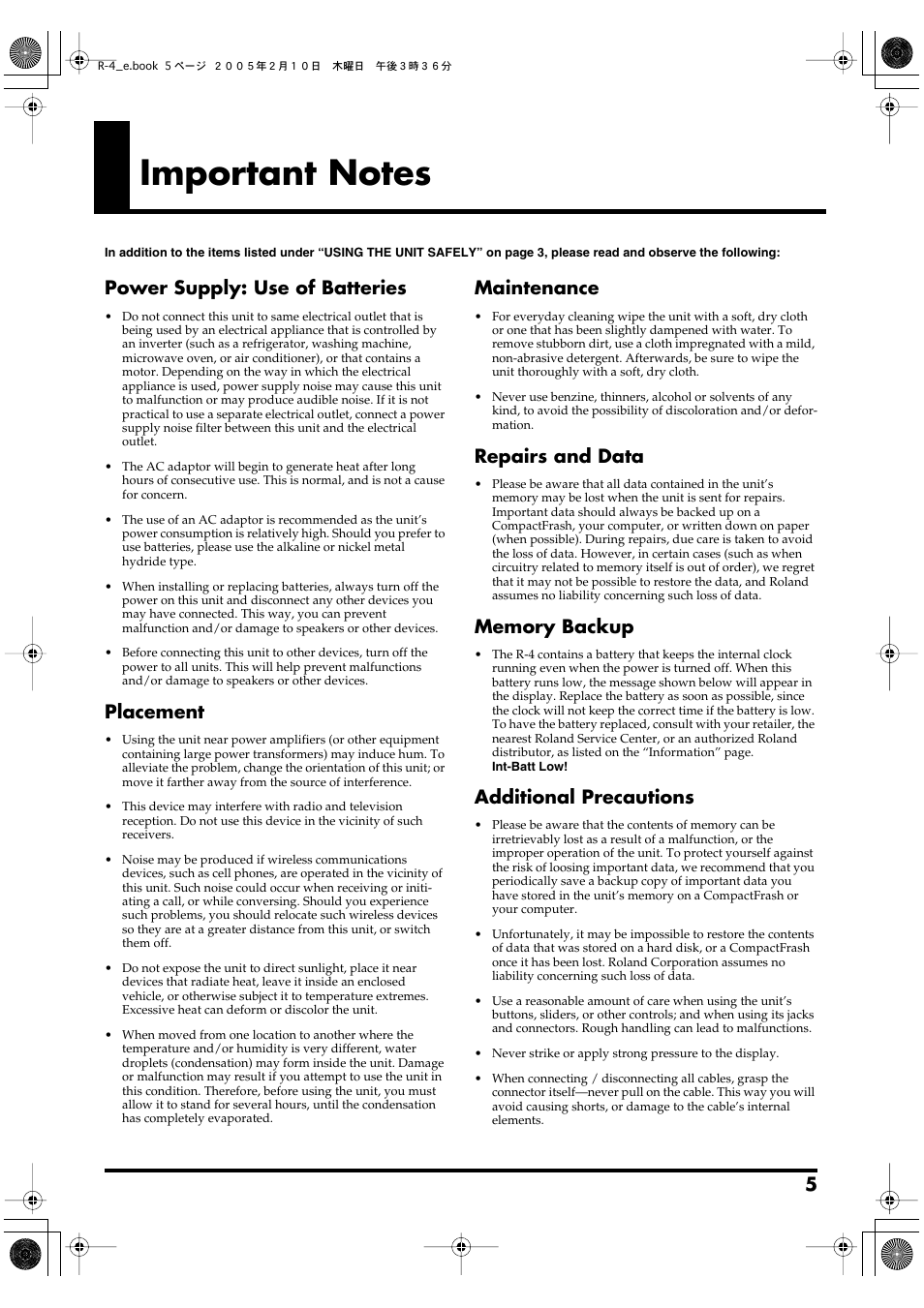 Important notes, Power supply: use of batteries, Placement | Maintenance, Repairs and data, Additional precautions | Edirol R-4 User Manual | Page 5 / 116