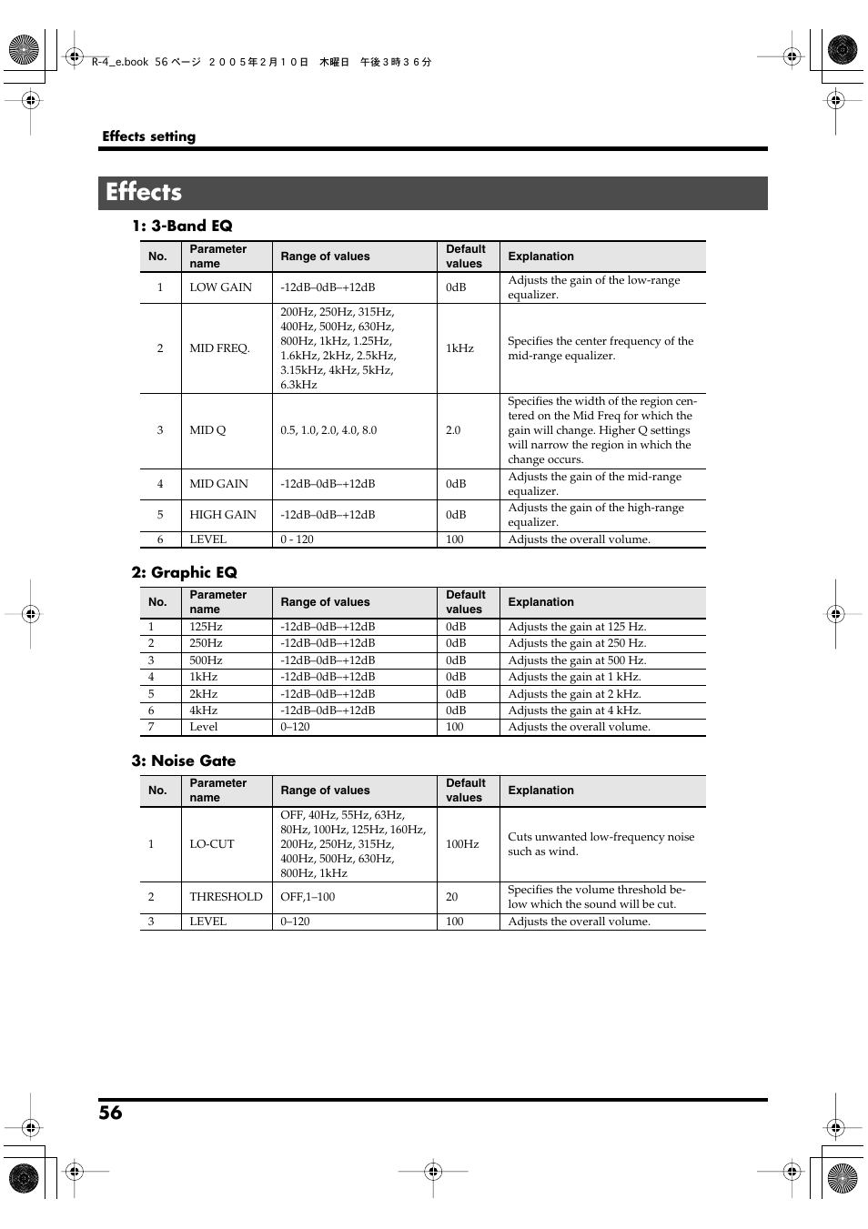 Effects, 3-band eq 2: graphic eq 3: noise gate | Edirol R-4 User Manual | Page 56 / 116