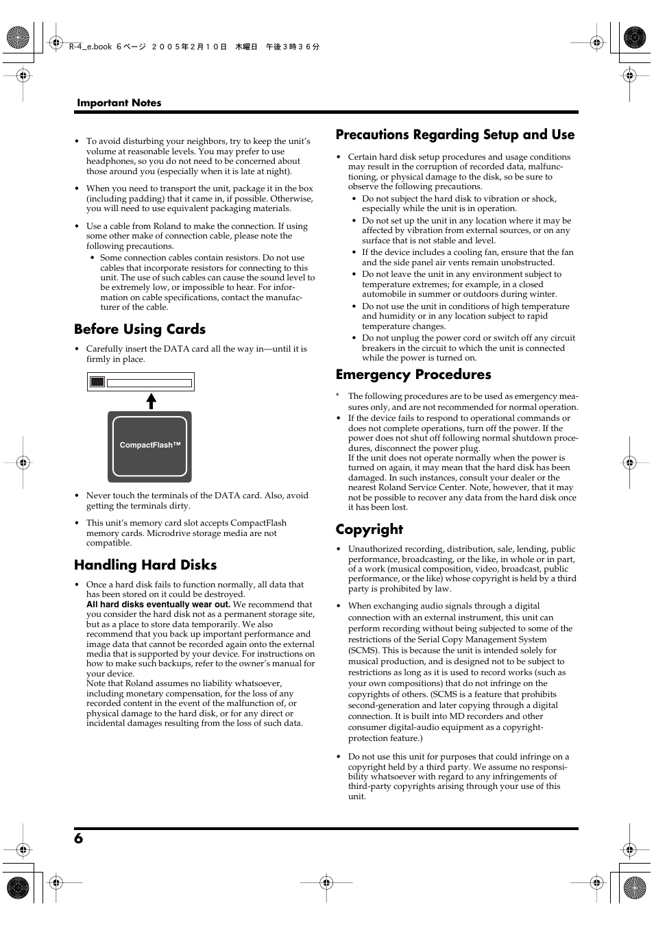 Before using cards, Handling hard disks, Precautions regarding setup and use | Emergency procedures, Copyright | Edirol R-4 User Manual | Page 6 / 116