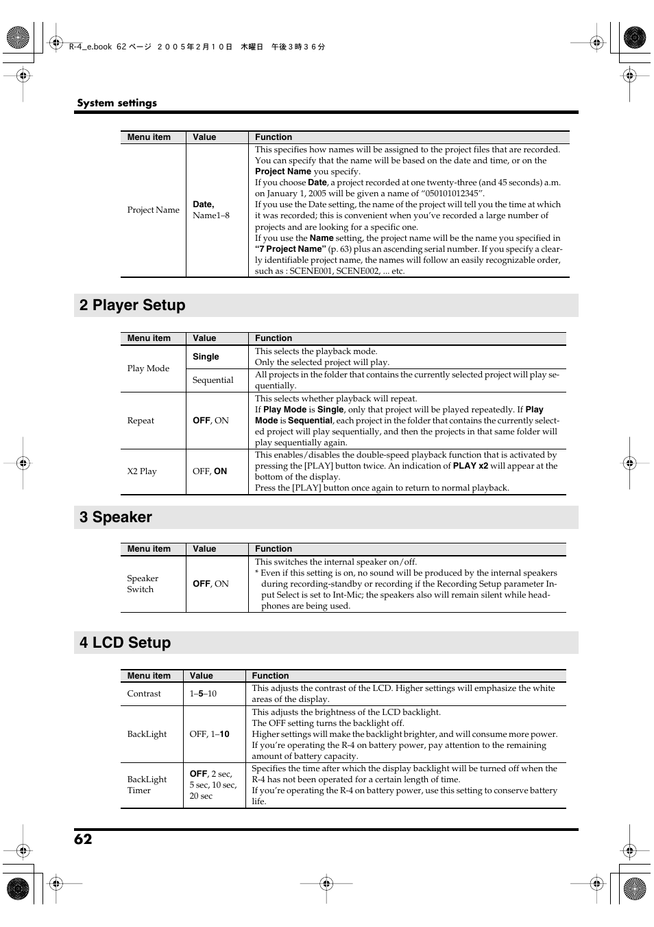 2 player setup, 3 speaker, 4 lcd setup | P. 62) | Edirol R-4 User Manual | Page 62 / 116