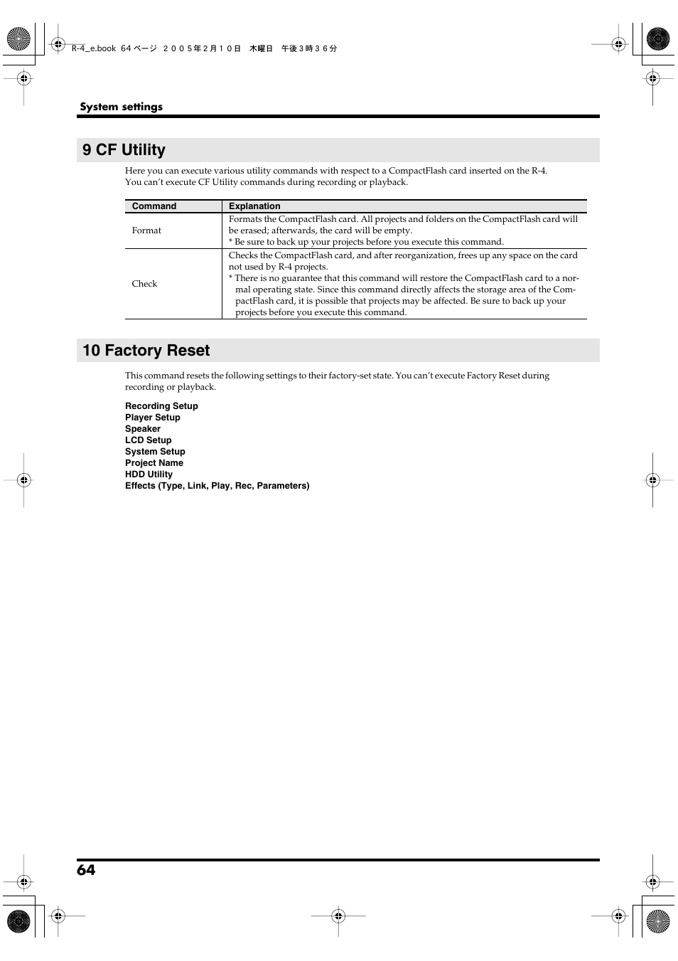 9 cf utility, 10 factory reset | Edirol R-4 User Manual | Page 64 / 116