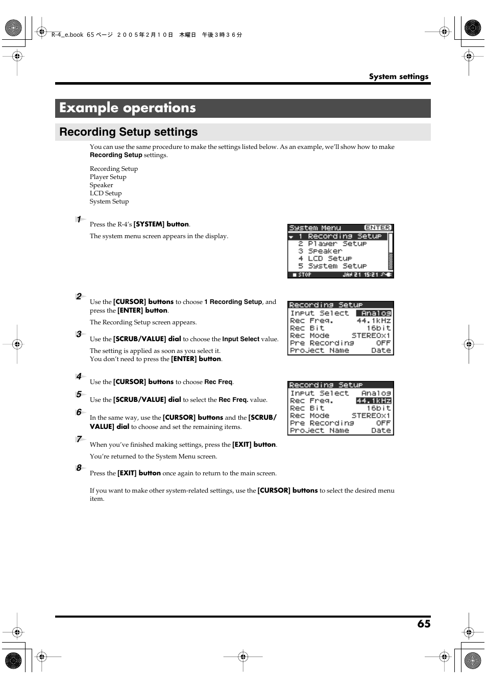 Example operations, Recording setup settings, P. 65 | Edirol R-4 User Manual | Page 65 / 116