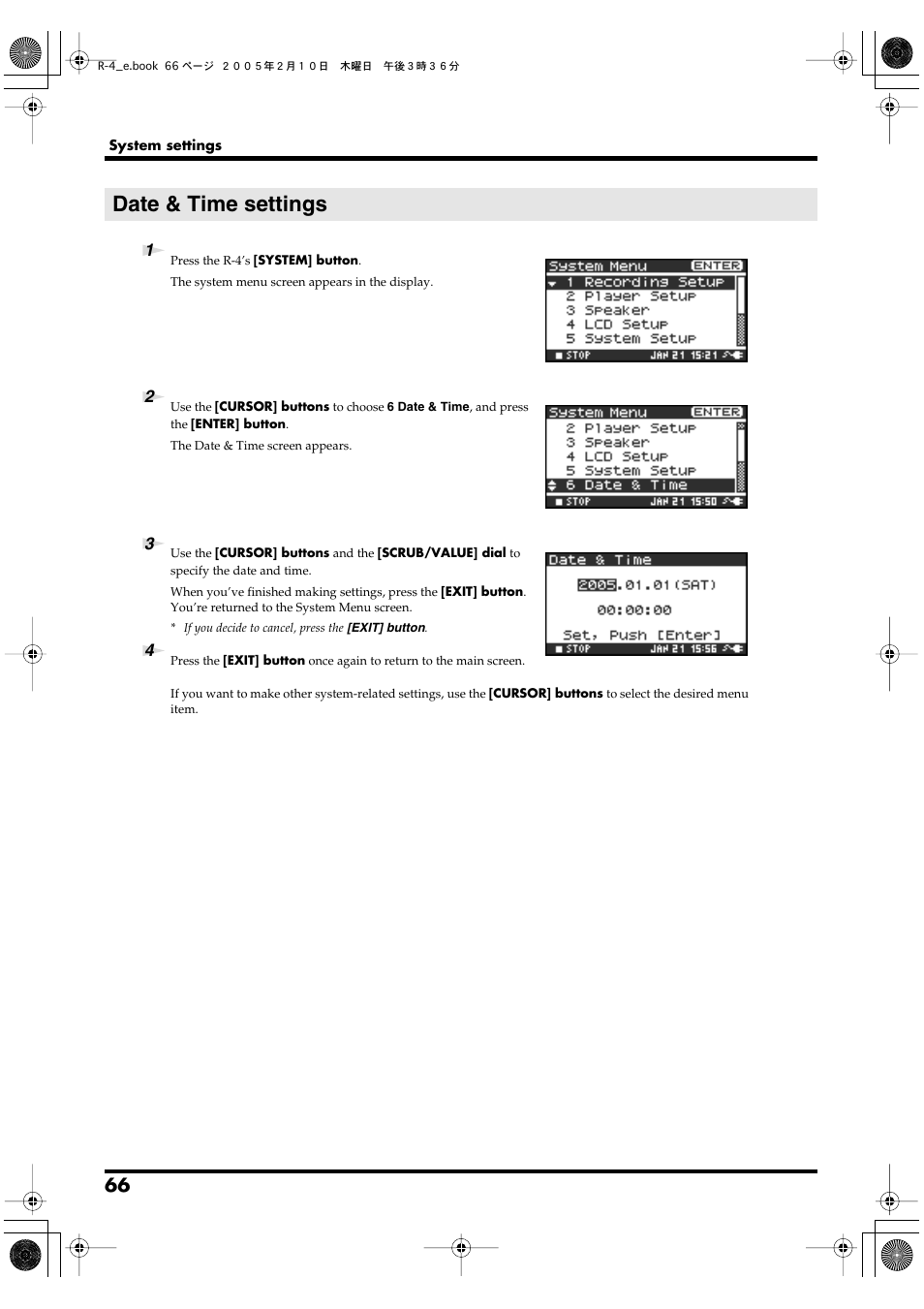 Date & time settings, P. 66 | Edirol R-4 User Manual | Page 66 / 116