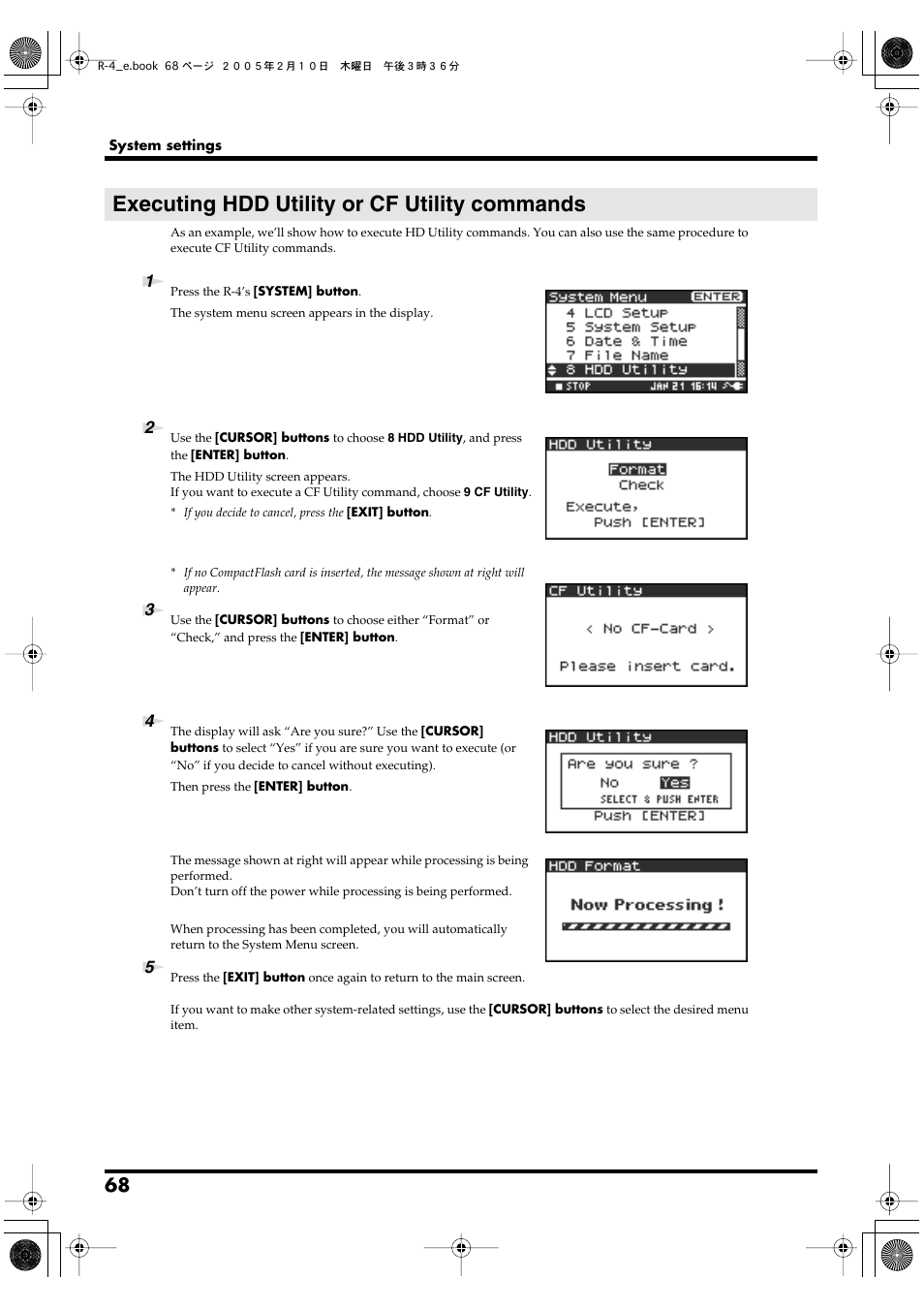 Executing hdd utility or cf utility commands, P. 68 | Edirol R-4 User Manual | Page 68 / 116