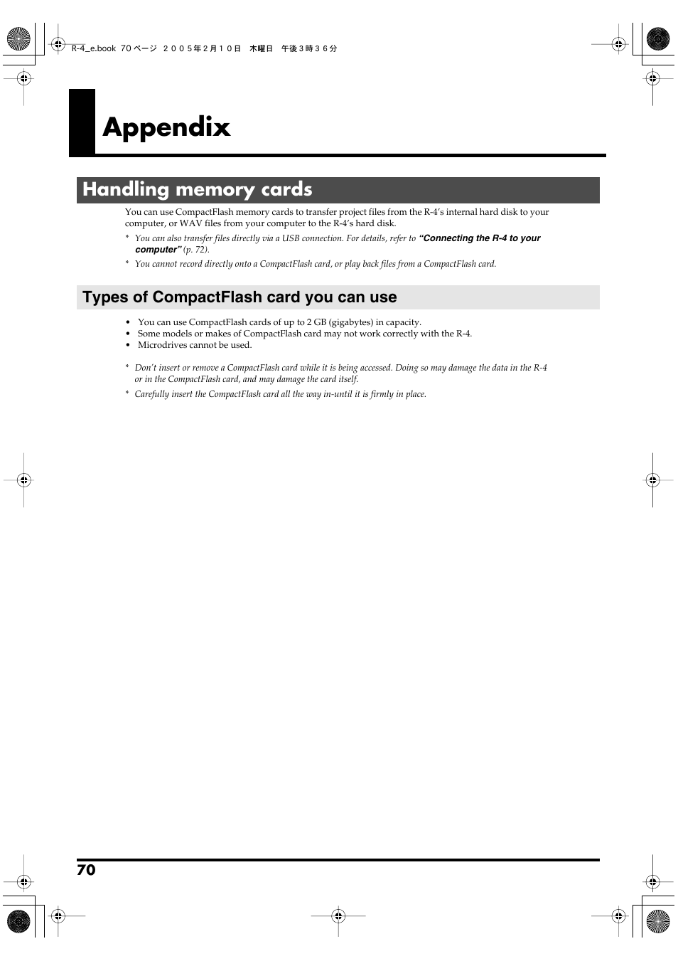 Appendix, Handling memory cards, Types of compactflash card you can use | P. 70) | Edirol R-4 User Manual | Page 70 / 116