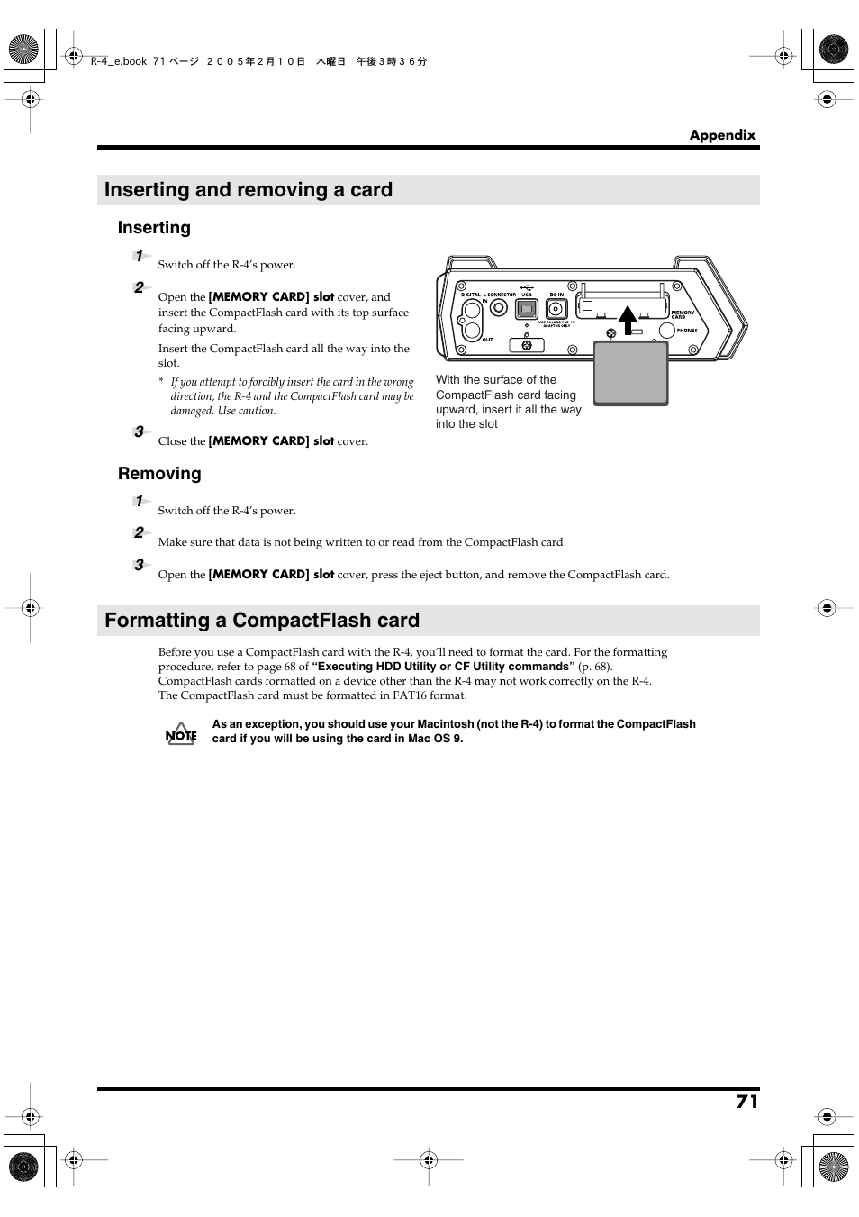 Inserting and removing a card, Formatting a compactflash card, Inserting | Removing | Edirol R-4 User Manual | Page 71 / 116