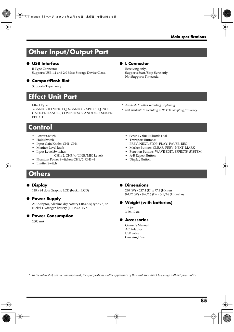 Other input/output part, Effect unit part, Control | Others | Edirol R-4 User Manual | Page 85 / 116