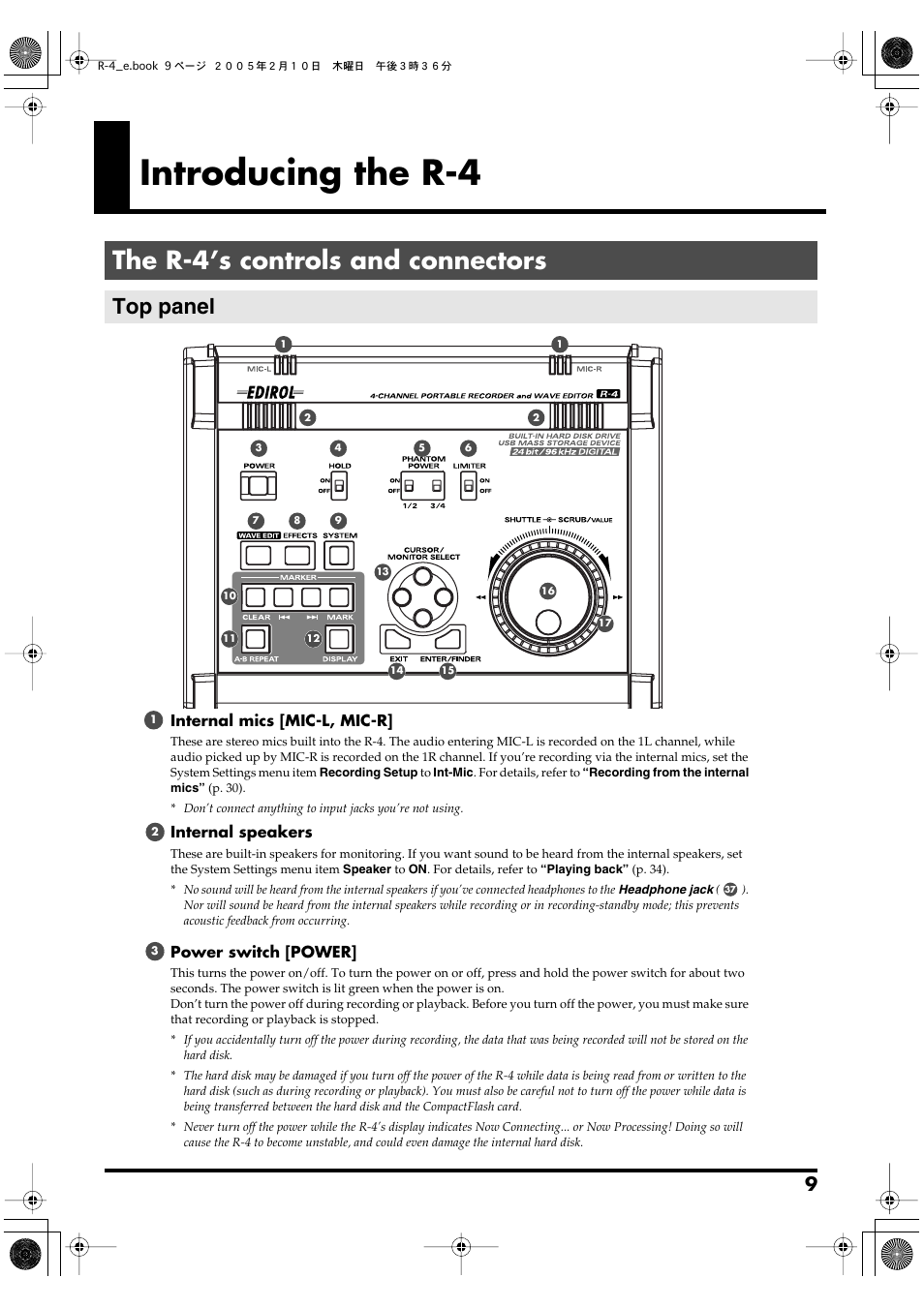 Introducing the r-4, The r-4’s controls and connectors, Top panel | Edirol R-4 User Manual | Page 9 / 116