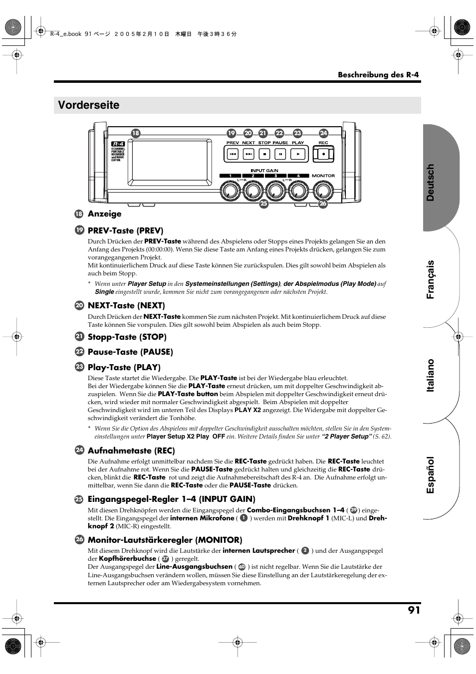 Vorderseite, Español italiano français deutsch, Anzeige prev-taste (prev) | Next-taste (next), Aufnahmetaste (rec), Eingangspegel-regler 1–4 (input gain), Monitor-lautstärkeregler (monitor) | Edirol R-4 User Manual | Page 91 / 116