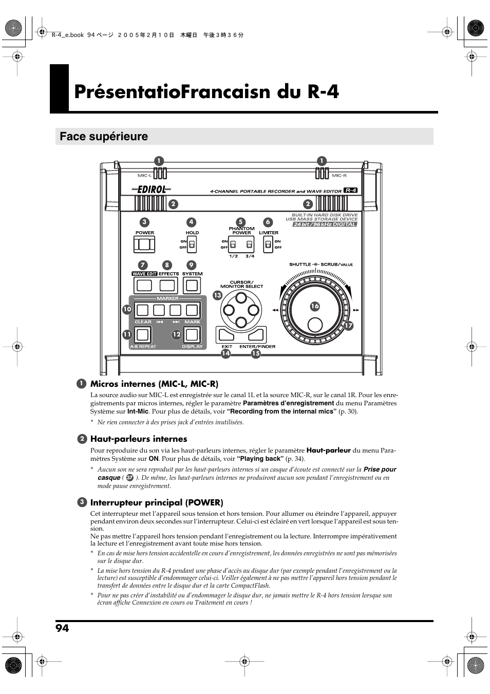 Présentatiofrancaisn du r-4, Face supérieure, Présentation du r-4 | P. 94 | Edirol R-4 User Manual | Page 94 / 116