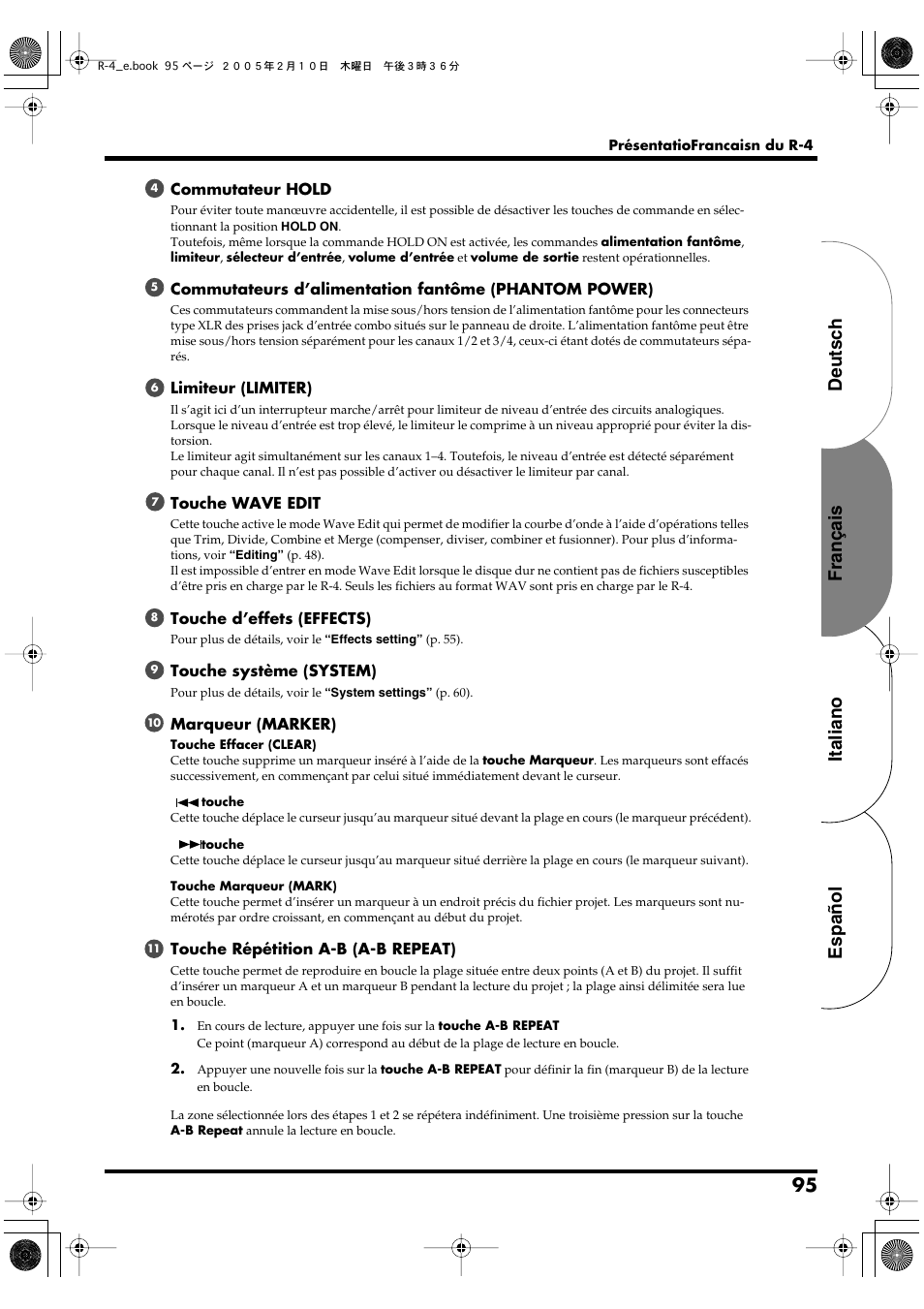 Español italiano français deutsch | Edirol R-4 User Manual | Page 95 / 116