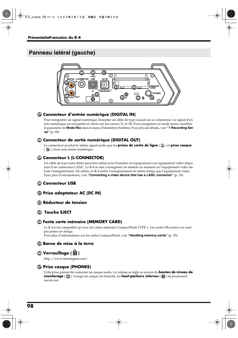 Panneau latéral (gauche) | Edirol R-4 User Manual | Page 98 / 116