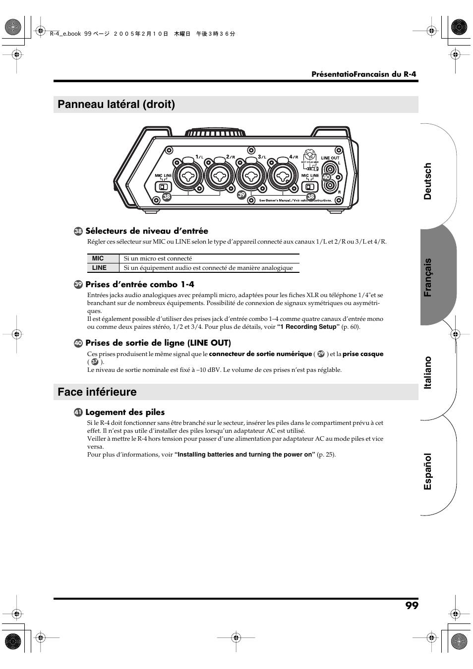 Panneau latéral (droit), Face inférieure, Español italiano français deutsch | Edirol R-4 User Manual | Page 99 / 116