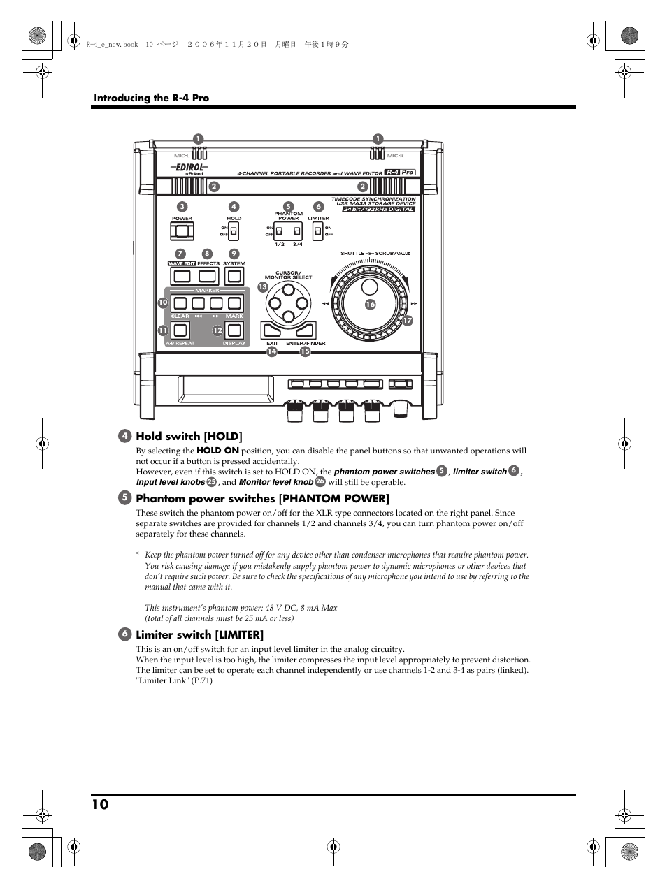 Hold switch [hold, Phantom power switches [phantom power, Limiter switch [limiter | Edirol R-4Pro User Manual | Page 10 / 108
