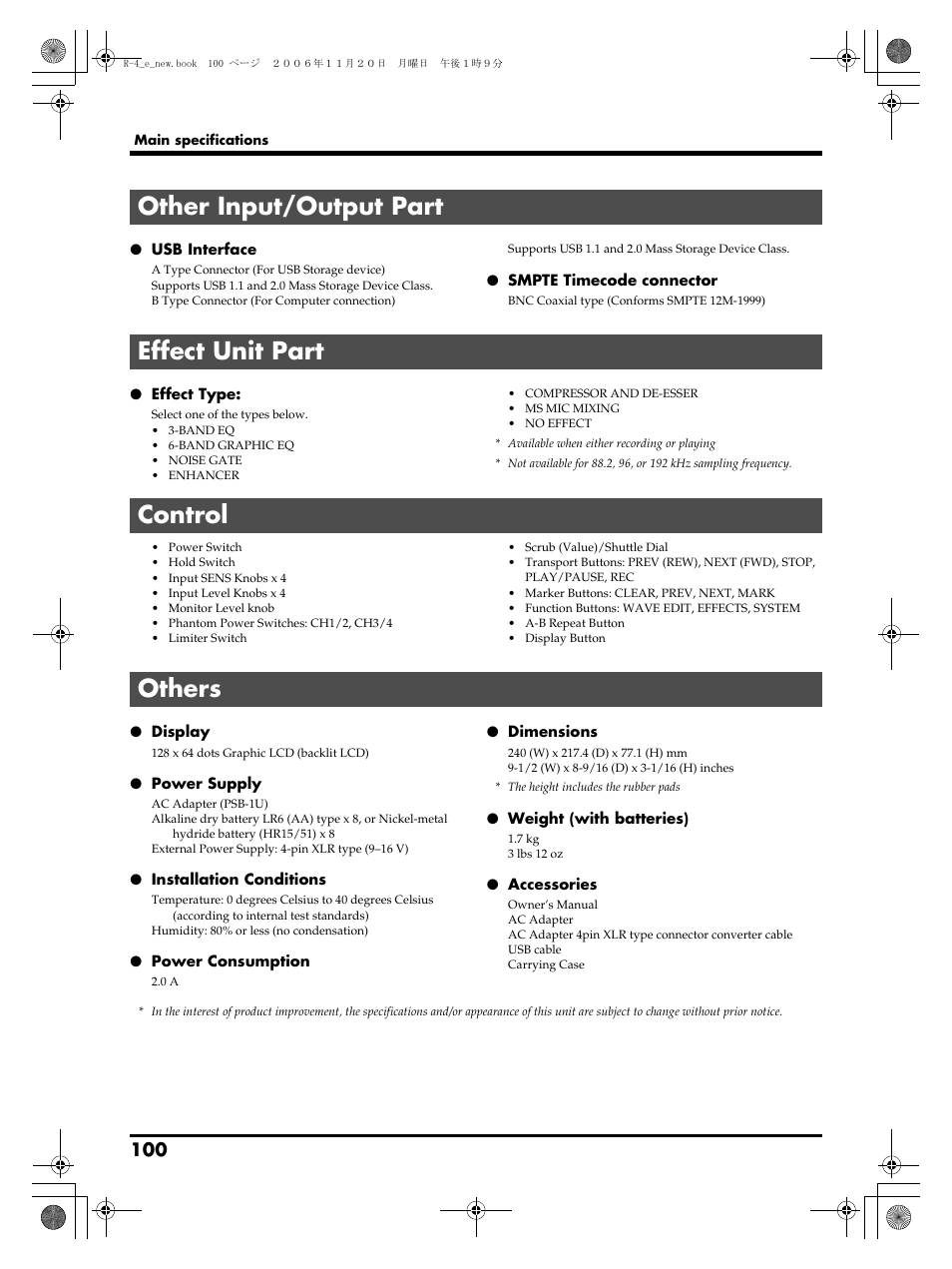 Other input/output part, Effect unit part, Control | Others | Edirol R-4Pro User Manual | Page 100 / 108