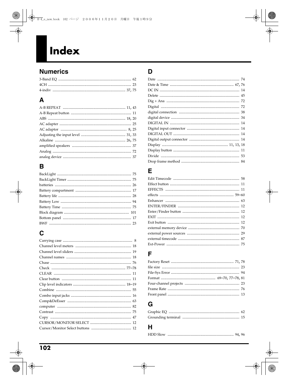 Index, Numerics | Edirol R-4Pro User Manual | Page 102 / 108