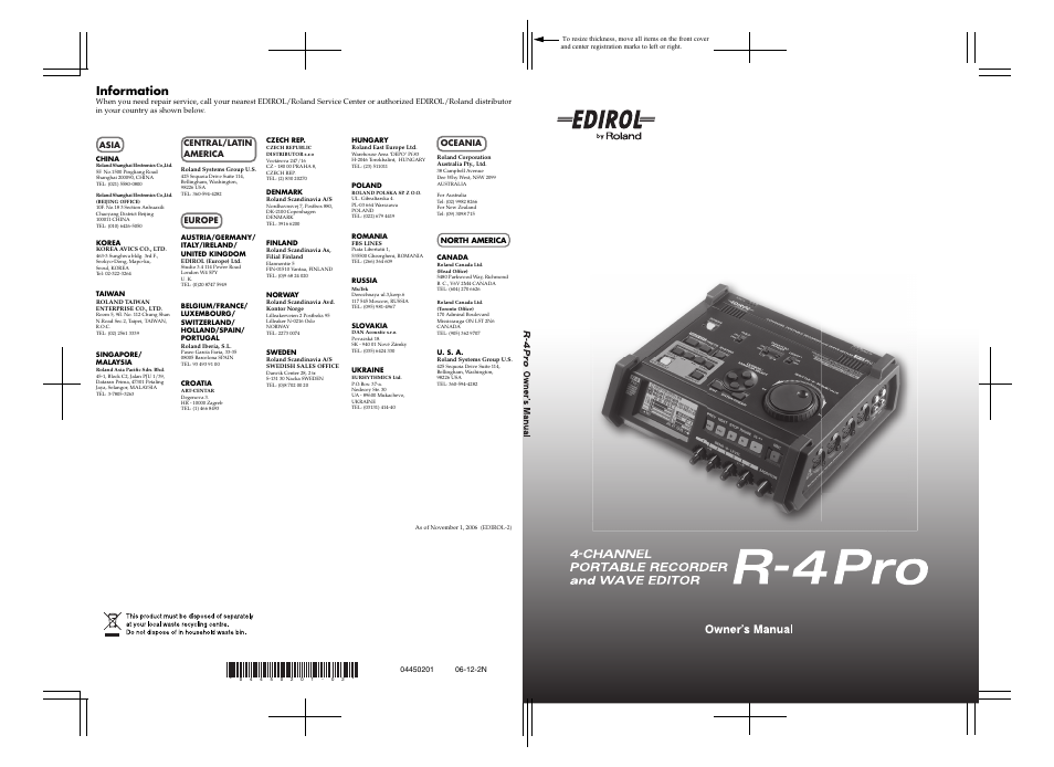 Information, Asia, Central/latin america | Europe, Oceania | Edirol R-4Pro User Manual | Page 108 / 108