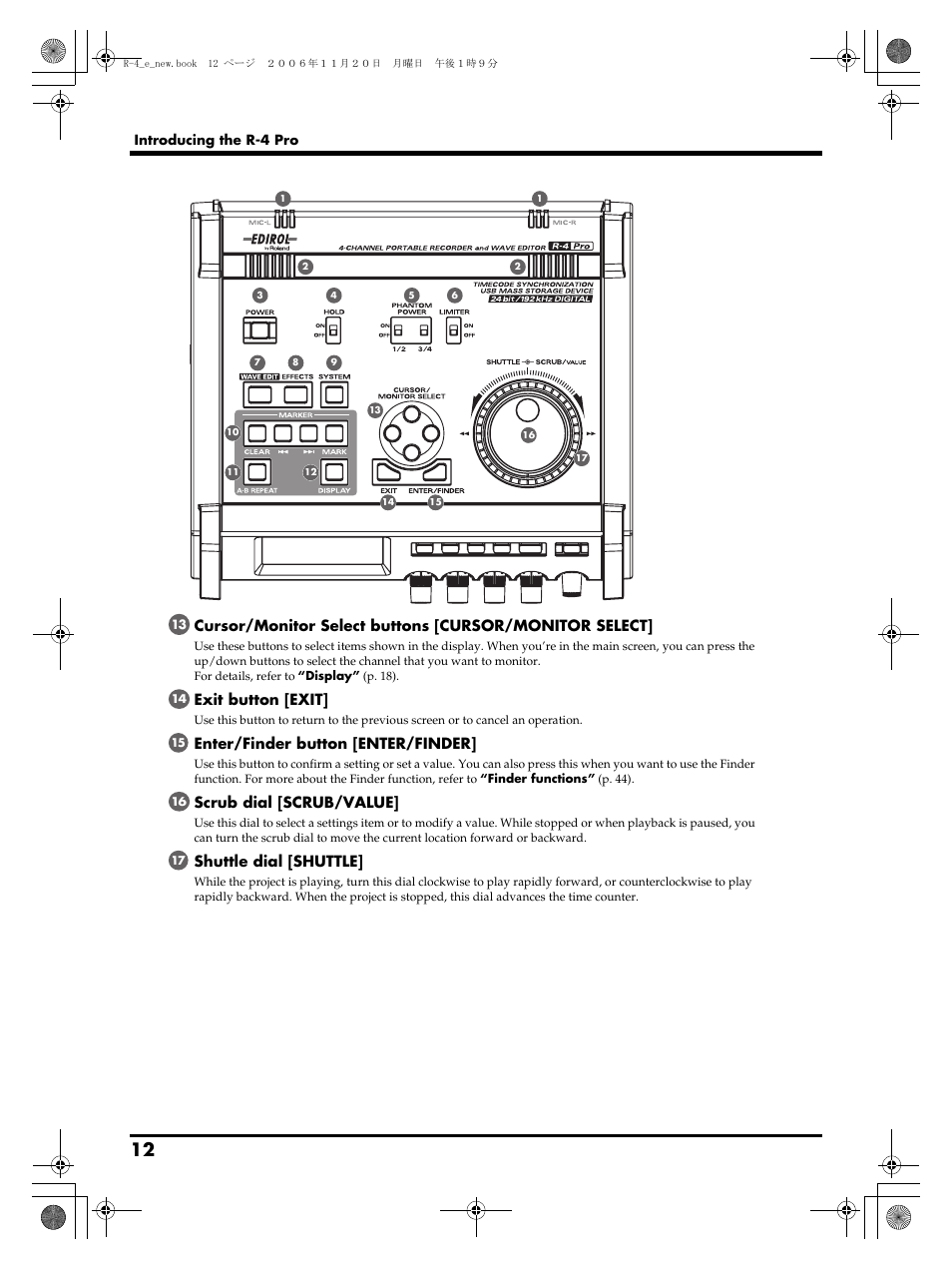Exit button [exit, Enter/finder button [enter/finder, Scrub dial [scrub/value | Shuttle dial [shuttle | Edirol R-4Pro User Manual | Page 12 / 108