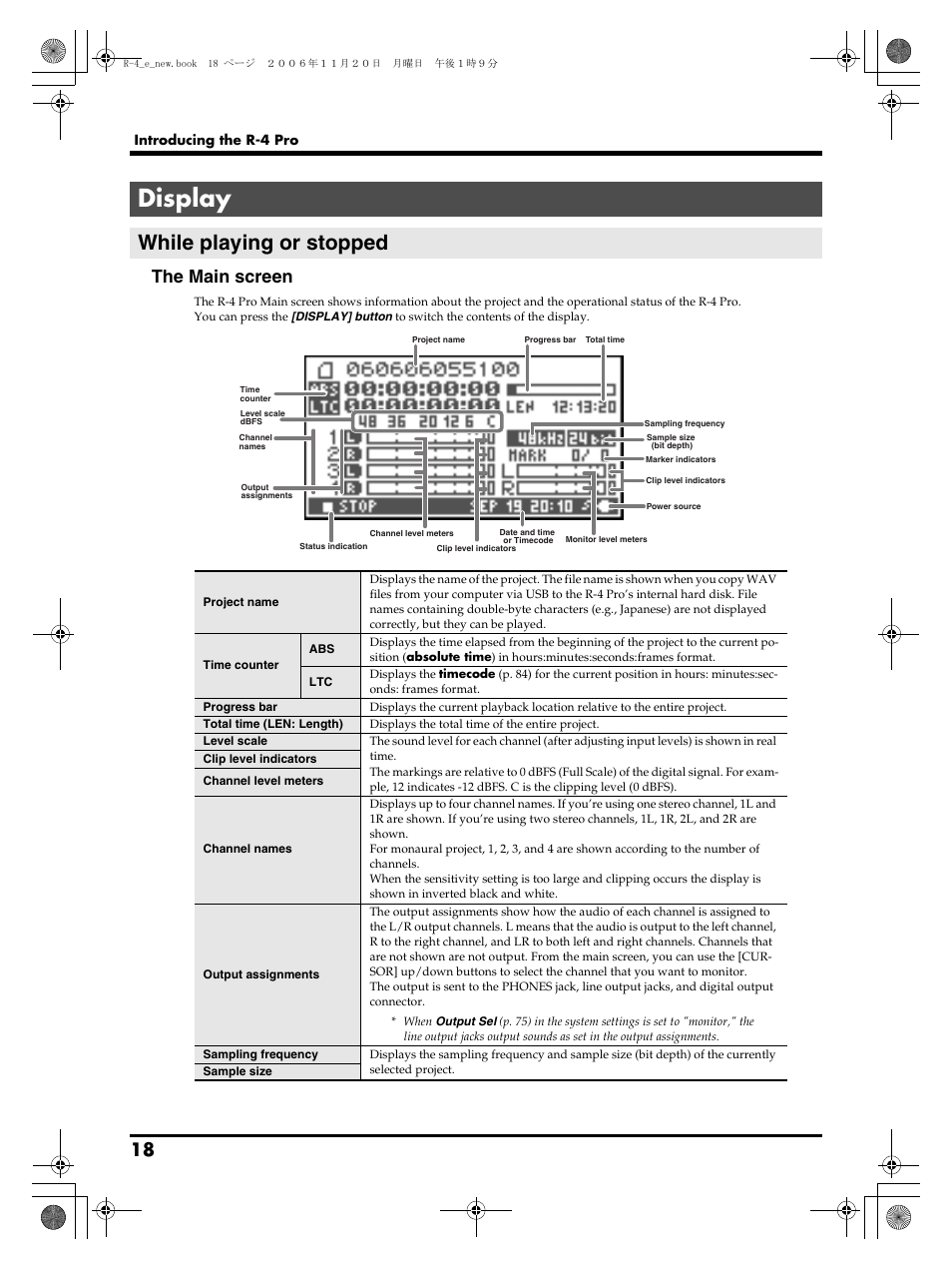 Display, While playing or stopped, Display” (p. 18) | The main screen | Edirol R-4Pro User Manual | Page 18 / 108